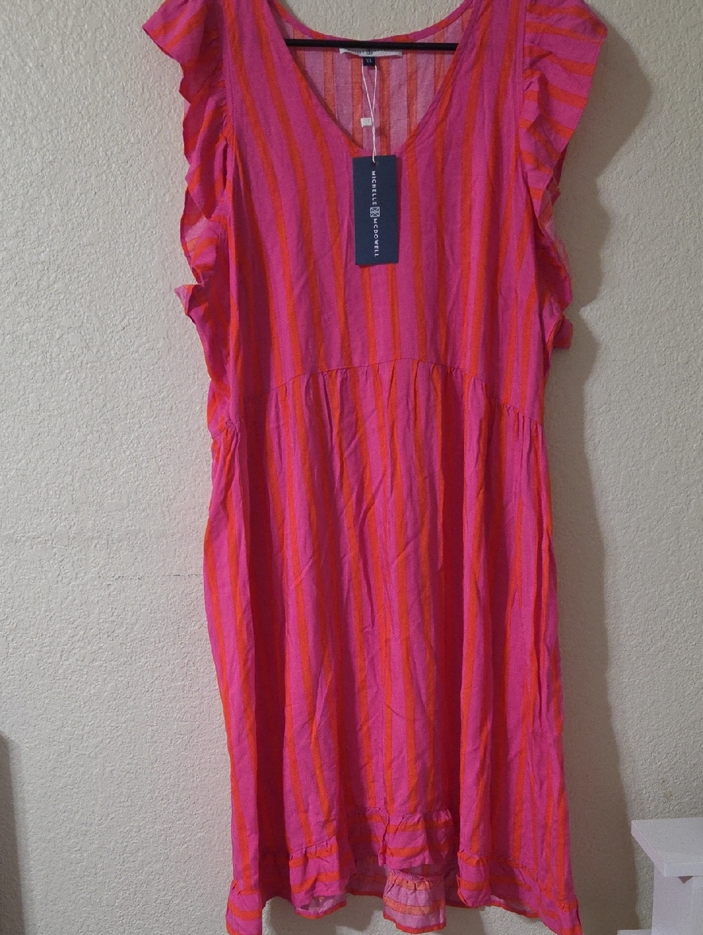 Pink & Orange Striped Ruffle Sleeve Casual Dress